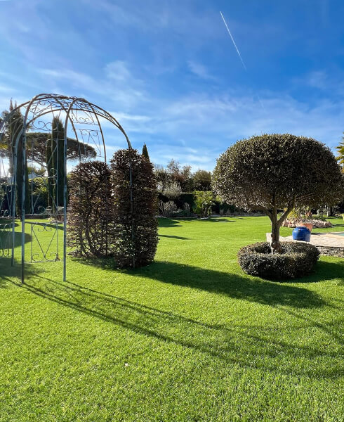 Grand jardin arboré avec pelouse artificielle